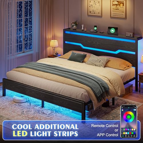 Image of Homkdom King Size Bed Frame with USB Ports & LED Lights, Headboard Shelf, Heavy Duty Metal Platform with 10.24 inch Underbed Storage, Noise-Free Slats, No Box Spring Needed, Modern Black