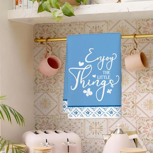 Image of Summer Blue Hydrangea Floral Kitchen Towels, Elegant Birds Dish Towels Set of 2, Spring Flowers Farmhouse 18 x 26 Inch Hand Towel Quick Drying Dishcloth Decor for Kitchen Bathroom Home