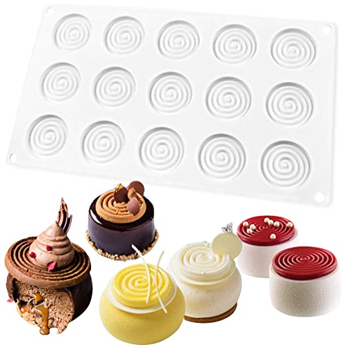 Mini Tourbillon Round Silicone Mould Circle Baking Pan for Cheesecake, Mousse, Cookie, Chocolate, Rainbow Lollipop, Glaze, Layer, Cake 15-Cavity Disc Diameter 2inch