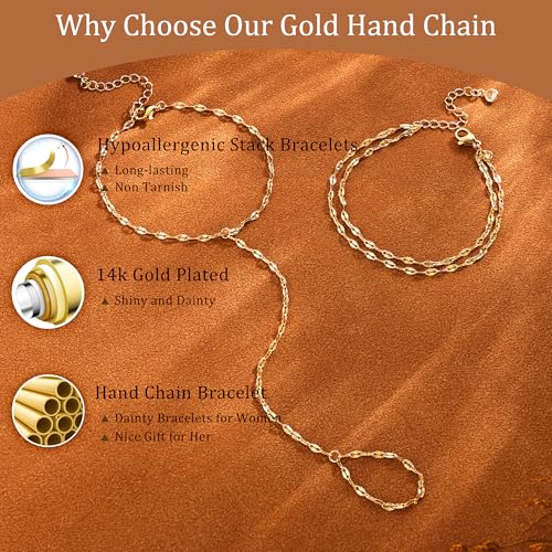 CHESKY Gold Hand Chain Bracelets for Women Set - Dainty 14K Gold Plated Lips Finger Ring Bracelet Stack Adjustable Hand Chains Durable Gold Bracelets Trendy Simple Body Jewelry Gift for Women 7