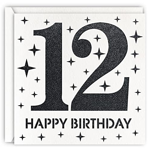 MAGJUCHE Black 12th Birthday Card, Laser Cut Glitter Girl Boy Age 12 Gift For Daughter, Son