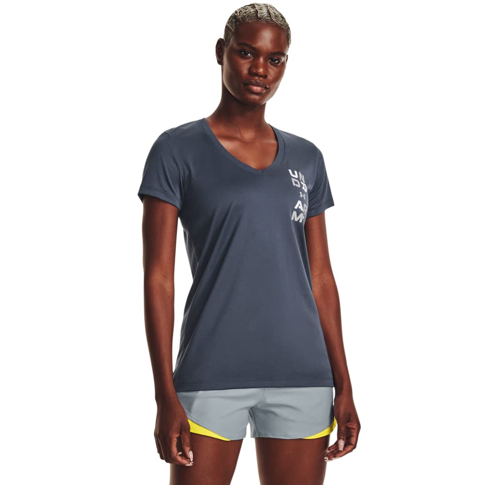 Under Armour Women's Tech Solid Graphic Short Sleeve T-Shirt, (044) Downpour Gray/White/Halo Gray, Medium