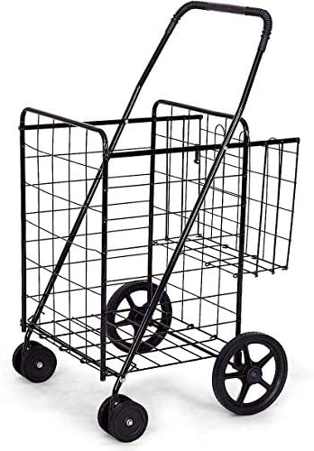 Byroce Utility Folding Shopping Cart, Light Weight Trolley with Handle, Large Grocery Utility Cart with Swiveling Wheels and Dual Storage Baskets, Ideal for Laundry Book Luggage Travel (Black)