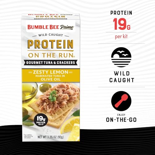 Image of Bumble Bee Prime Protein on the Run Tuna Snack Kit - Gourmet Tuna Marinated in Olive Oil & Zesty Lemon with Crackers and Serving Utensil - 19g of Protein Per Serving (Pack of 3), Easy Open Cans