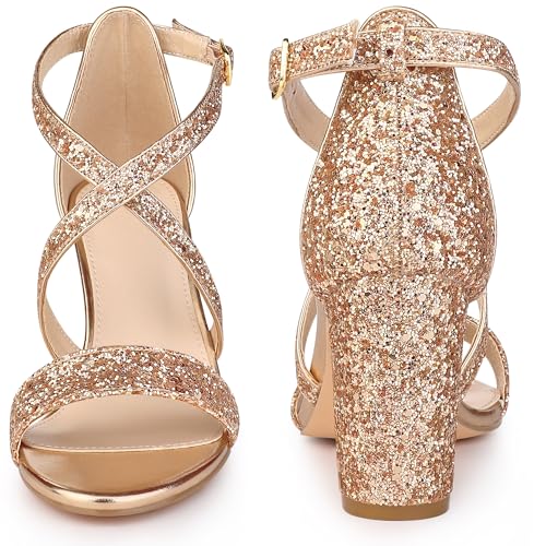 Perphy Glitter Sparkly Heels Crisscross Strap Chunky Heel Dress Shoes Sandals for Women2