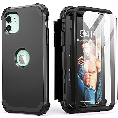 IDweel for iPhone 11 Case with Tempered Glass Screen Protector,Hybrid 3 in 1 Shockproof Slim Heavy Duty Protection Hard PC Cover Soft Silicone Bumper Full Body Case, Black