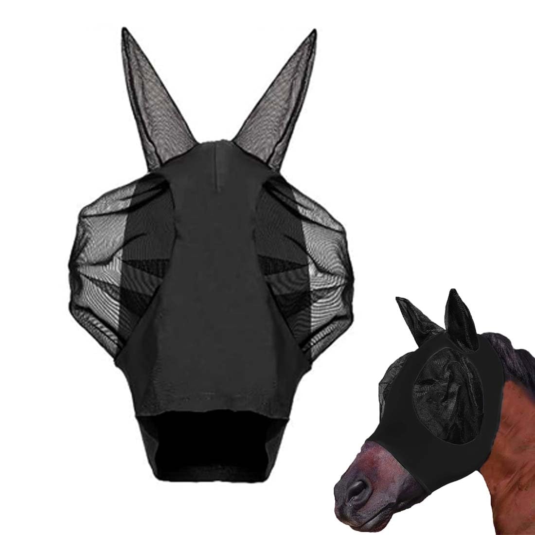 Maschera Per Cavalli Anti-Mosche - Rete Traspirante, Anti-UV, Paraorecchie, Nero - Foto 6