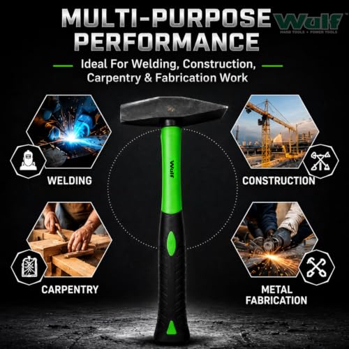 Image of WULF Heavy Duty Hammer with Shockproof Fiberglass Handle (500 gms) | Chipping Hammer for Welding, Construction & Carpentry | Anti-Vibration Grip | Durable Forged Steel Head | Professional Tool