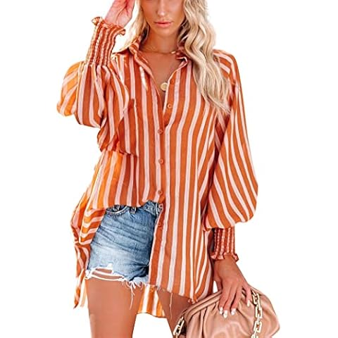 CL.HHan Womens Casual Tops Long Sleeve Button Down Blouse Summer Striped V-Neck Loose Fit Shirt XL Cover