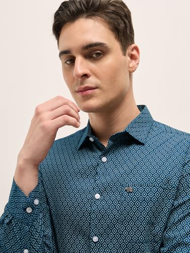 Image of THE BEAR HOUSE Men's Blue Tailored Fit Full Sleeve Cotton Printed Shirt