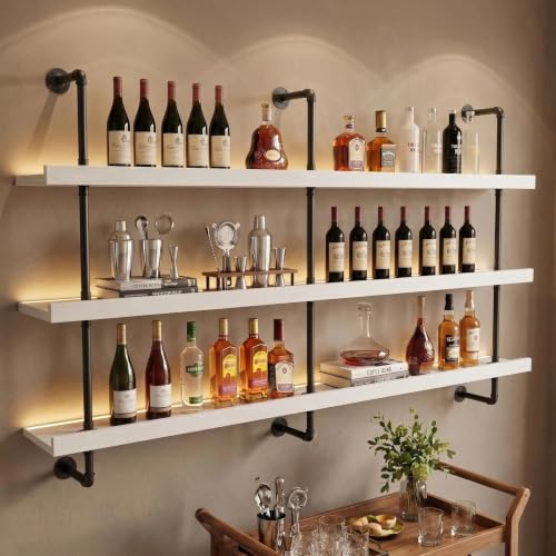 Image of HOUSESET 36 /48 /60 /72 /84in Wine Wall Rack with Led Lights, 3-Tiers Modern Pipe Liquor Bottle Display Shelf, Bar Shelves Wall Mounted for Commercial Bar, Restaurant, Home