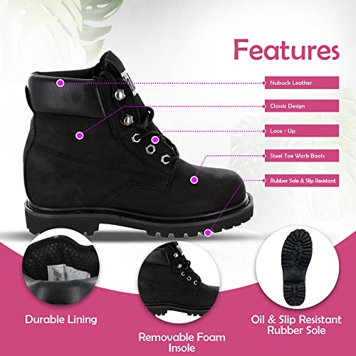 Image of Safety Girl Black, Steel Toe Work Boots - Black - 5M, English, Capacity, Volume, Leather, 5M, Black