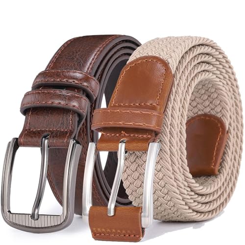 2pcs Men's Belts Pin Buckle Genuine Leather Stretch Pin Buckle Leather