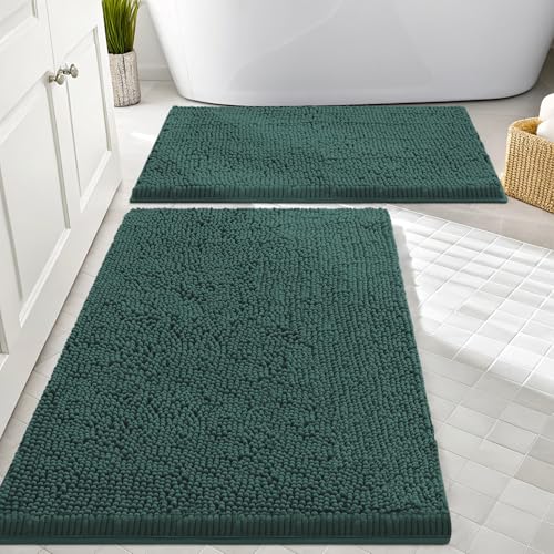 Image of Smiry Bathroom Rugs Sets 2 Piece, Soft Absorbent Chenille Machine Washable Non Slip Shaggy Bath Rug Set for Tub, Shower, and Floor (30x20+24x16, Green)