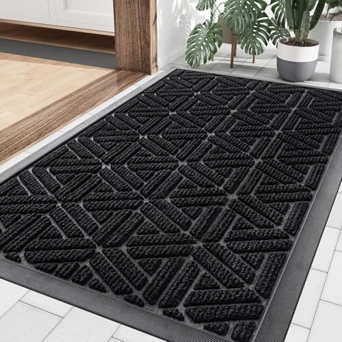 Smiry Front Door Mat Outside Entrance, Heavy Duty Natural Rubber Doormat, Trap Dirt and Moisture Easy Clean Low Profile Patio Porch Welcome Floor Mats for Entry, 29.5x17 Inch, Black