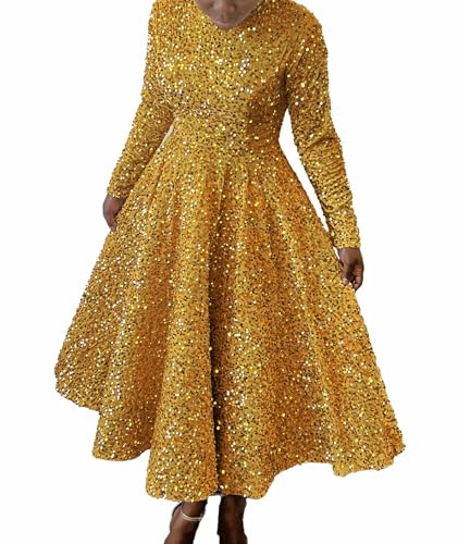 SOMTHRON Women's Sequin Dress Plus Size Long Sleeve A-Line Flared Party Cocktail Sparkle Glitter Evening Shiny Maxi Dress2