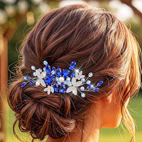 IYOU Kristall Hochzeit Haarkamm Blau Braut Haarschmuck für Damen