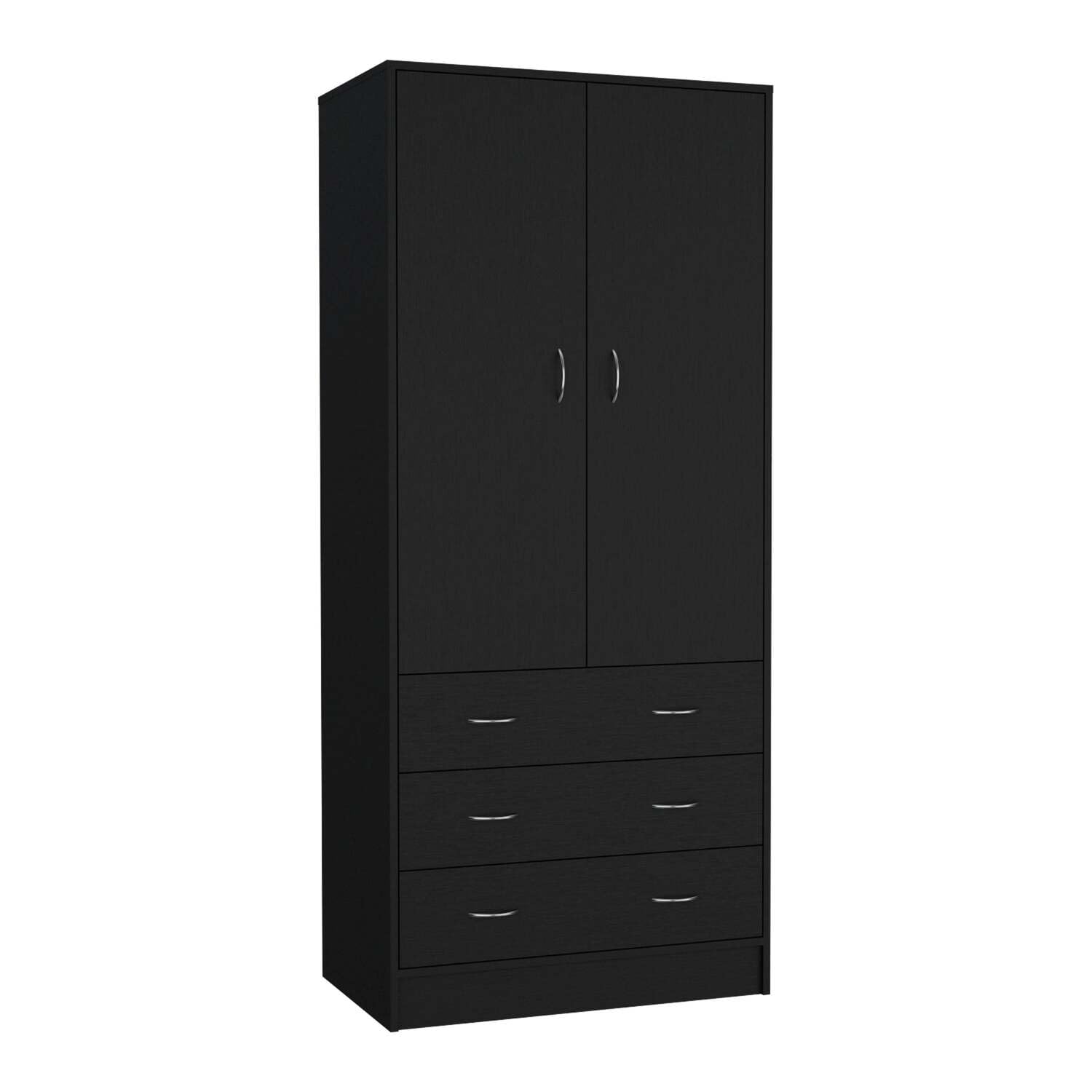 Tuhome Taly Armoire with Double Doors, 3 Drawers, and Hanging Rod Black (INCOMPLETE ONLY BOX #2) 