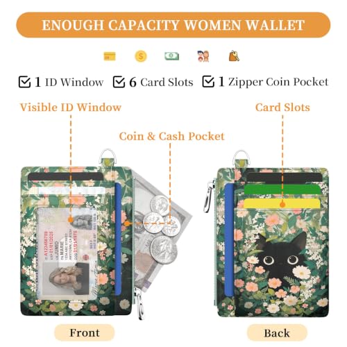 Image of Hancynir Black Cat Floral Wallet Women Credit Card Holder, Wristlet RFID