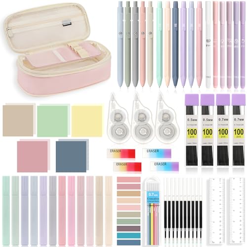 Image of MoKo 60Pcs Aesthetic School Supplies with Cute Pencil Case,12 Pastel Highlighters,5 Black Ink Gel Pens,6 Mechanical Pencil Set 0.5 & 0.7 mm for Students Stationary College Essentials