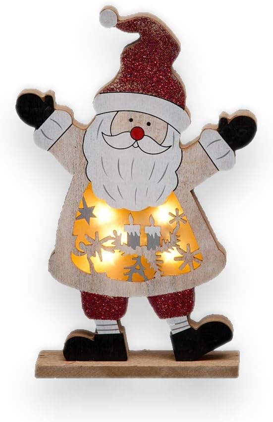 SHATCHI LED Wooden Christmas Santa Snowman Reindeer Xmas Home Indoor Table Decorations Ornaments Centrepiece, 27cm, Wood