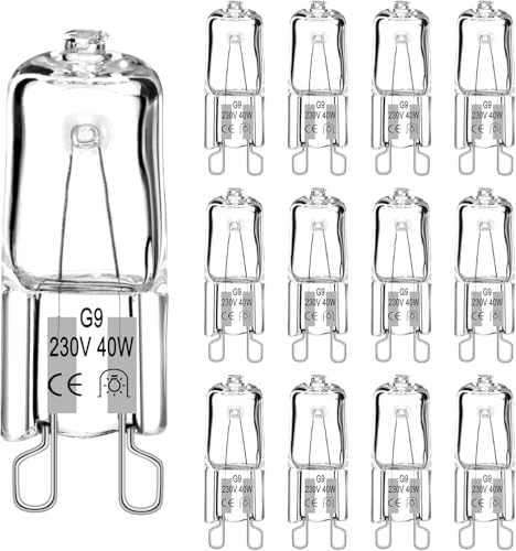 Bombilla halógena G9 (12 unidades) Bombilla G9 40 W, 230 V, blanco cálido, 560 lm, 2700 K, sin parpadeo, regulable, bombilla halógena para horno, 40 W, 300 grados, microondas, lámpara de cristal,
