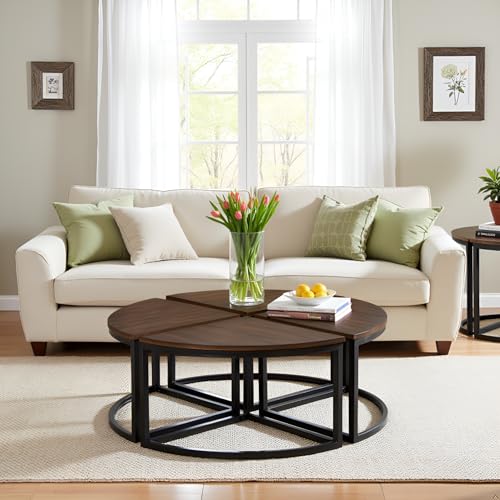Alaterre Furniture Arcadia Round Acacia Wood Nesting Tables – 4-Piece Modular Wedge Coffee Table Set with Industrial Metal Legs – Living Room Accent Tables with Space-Saving Design (Antiqued Mocha) Alaterre Furniture Arcadia Round Acacia Wood Nesting Tables – 4-Piece Modular Wedge Coffee Table Set with Industrial Metal Legs – Living Room Accent Tables with Space-Saving Design (Antiqued Mocha)
