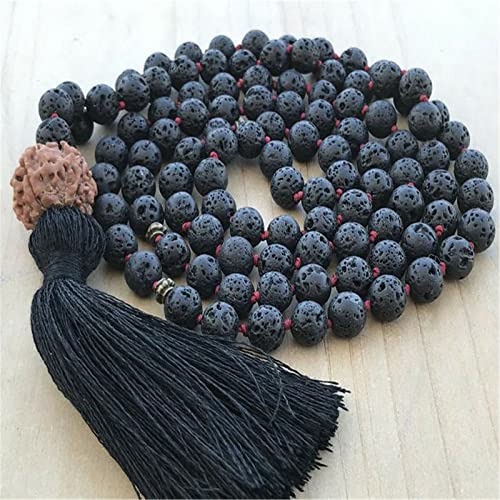 Collier 108 perles de méditation en pierre volcanique 8mm et pompon vajra bodhi #4956
