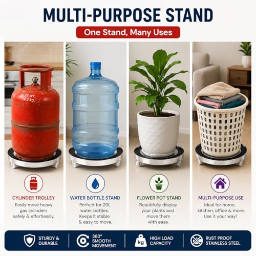 Image of Gas Cylinder Trolley with Wheel | LPG Stainless Steel Cylinder Stand with Rubber Protection for Daiy Kitchen Use | 4 Plastic Wheels Easily Movable Trolley