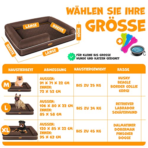 Lovpet® Orthopädisches Hundebett Hundekissen Hundekorb Relax, Inkl. Napf + 3X Kauknochen, Hundesofa für Kleine, Mittelgroße & Große Hunde, Bezug abnehmbar und waschbar, 91x71x22cm Braun