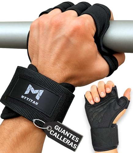 MYTITAN Guantes Gimnasio Hombre Mujer Calleras Crossfit con Muñequeras Antideslizantes para Calistenia Dominadas Pesas Agarre Fuerte Palma Silicona Transpirable Hebilla Metalica Tallas S M L Unisex