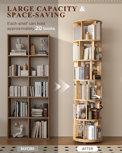 Image of IUNVR 6 Tier Rotating Bookshelf Tower Spinning Bookshelf with Swivel Wheels Book Shelf Rotating Storage Tower for Kids Adult Narrow Solid Wood Revolving Bookcase Organizer for Bedroom Living Room