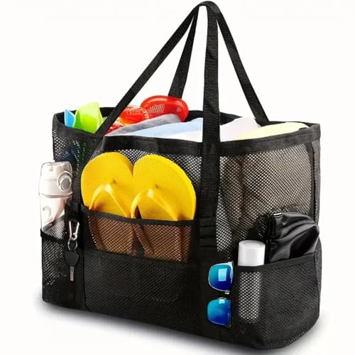 Extra Large Mesh Beach Bag, Foldable Lightweight Tote with Zipper Multi Pockets for Family Beach Trip, Pool, Travel, Black3