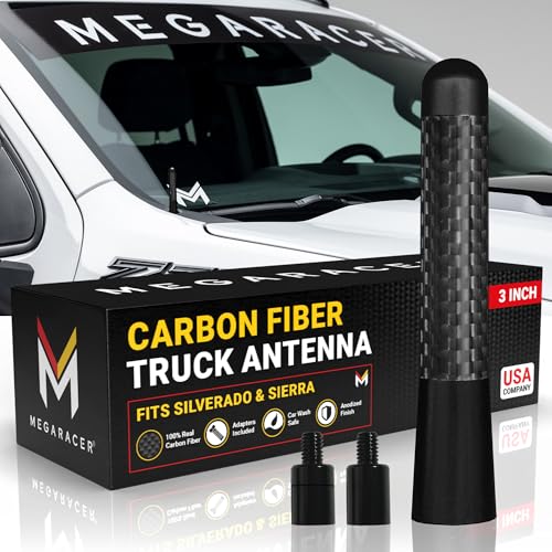 Anodized 3 Short Black Carbon Fiber Truck Antenna for Chevy Silverado & GMC Sierra 1500 2500 (1999-2026) Billet Aluminum UV & Chip-Resistant Car Wash Safe Small Stubby Replacement Accessories