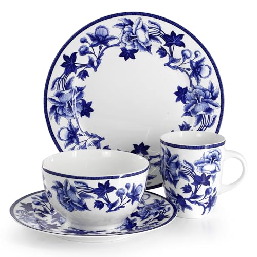 Elama Blue & White 16-Piece Round Dinnerware Set, Service for 4