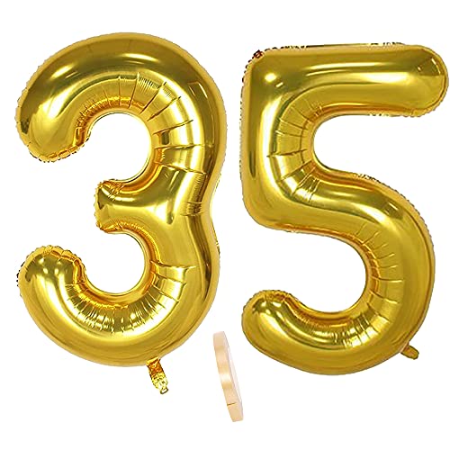 2 globos numeros 35 años, Number globo número 35 Dorado para Hombres Mujeres niños,40 Figuras Gold globo de lámina de helio inflable, gigante grande decoración fiesta de cumpleaños boda (xxxl 100cm)
