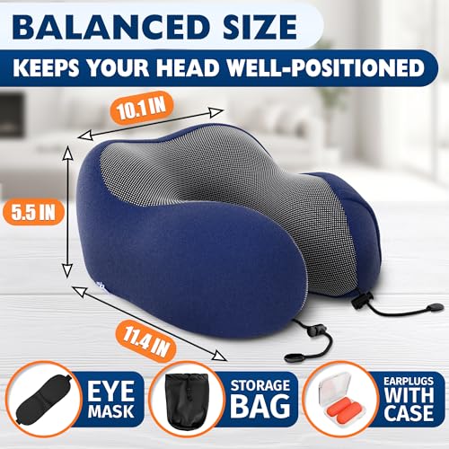 Image of 100% Memory Foam Neck Support Pillow with Adjustable Snap Buttons & Head Support - 4-in-1 Kit with 3D Eye Mask, Earplugs & Washable Cotton Cover - Neck Pillow for Plane Travel, Car, Train & Bus (Blue)