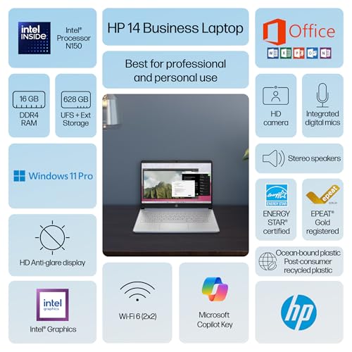 Image of HP Ultrabook 14 Laptop Computer Business Study & Home 2025, Lifetime MS Office + Windows 11 Pro, Quad-Core Intel CPU, 16GB RAM & 628GB Storage (128GB UFS+500GB Ext), Wi-Fi 6, HubxcelAccessory, Blue