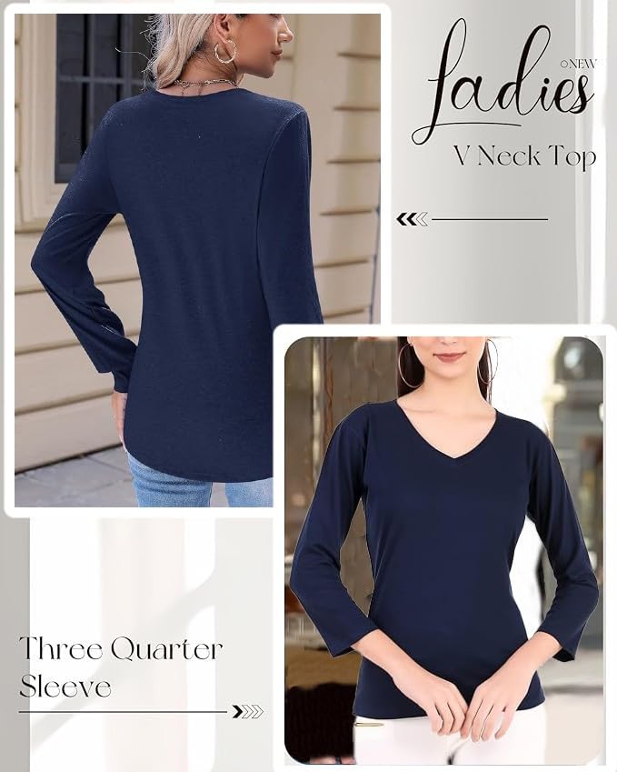 Image of Women's 3 /4 Sleeves Regular Fit V-Neck Cotton T-Shirt