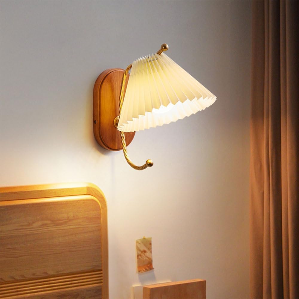 Affittuario amichevole paralume in tessuto plissettato vintage braccio dritto lampada da parete a 1 luce applique da parete in rame con filo metallico lampada da comodino in legno