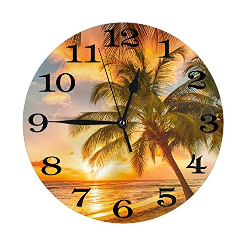Palm Tree and Sea Beach Wall Clock Battery Operated Silent Round Clock Sunset Landscape Wall Decor