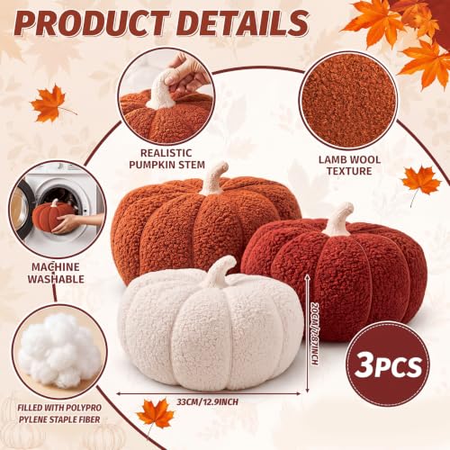 Image of Konohan 3 Pcs Pumpkin Pillows Fall Stuffed Pumpkin Plush Pillow for Autumn Halloween Thanksgiving Christmas Bedroom Sofa Couch Supplies