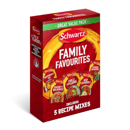 Schwartz Family Favourites Bundle One Pack Serves 4 Pack of 5 Recipe Mixes Shepherd's Pie Spaghetti Bolognese Chilli Con Carne Beef Casserole Sausage Casserole Suitable for Vegetarians