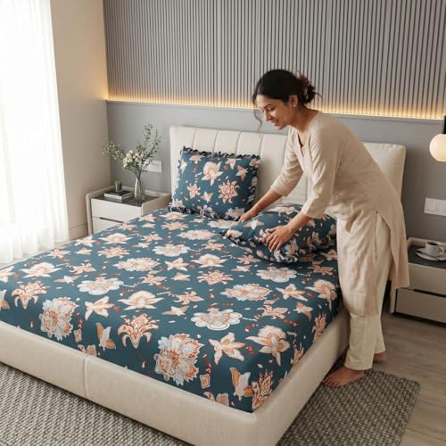 Image of Dream Weaverz- Polycotton Printed Double Bed Size Fitted Elastic Bedsheet,2 Pillow Cover,260 Thread (72 inch x 78 inchx7 inch) Home, Bedroom (Green, King)
