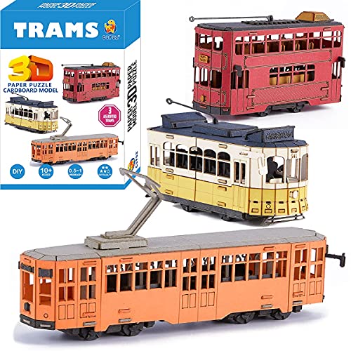 CUPUZ 3D Paper Puzzle, 3 Assorted Trams, 3D Cardboard Model Car kit, DIY Set for Child, Educational Travelers Craft Local Metro Bus, Gift for Boys