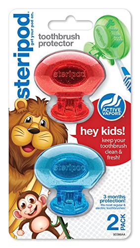 Image of Steripod Kids' Clip-On Toothbrush Protector, Keeps Toothbrush Fresh and Clean, Fits Most Manual and Electric Toothbrushes, Red and Blue Glitter, 2 Count