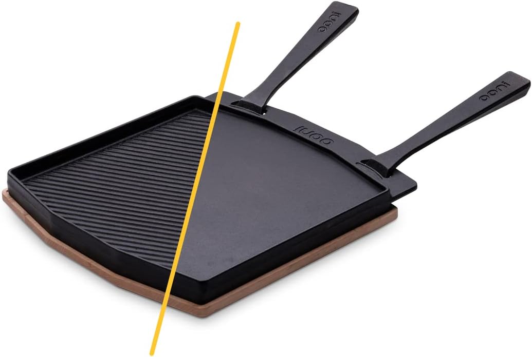 Ooni Dual-Sided Grizzler Plate - Reversible Cast Iron Pan - Skillet with Removable Handle - Griddle - Pre-Seasoned Oven Safe