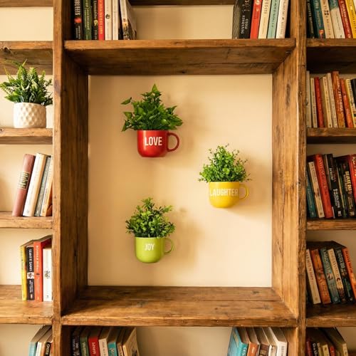 Image of Dekorly Colorful Wall-Mounted Mug Planters with Faux Greenery(20 CM)- Wall Decorative Pots for Vibrant Home & Office Decor| (3, Love Laughter Joy)