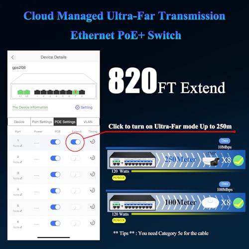 Image of 8 Port Gigabit PoE Switch with 2 * 1000Mbps Uplink, Easy Managed 10 Port Gigabit POE Switch Compatible with IEEE 802.3af /at Devices@120W, AI PoE Auto Recovery&Extend, Vlan, Metal Pluy&Play