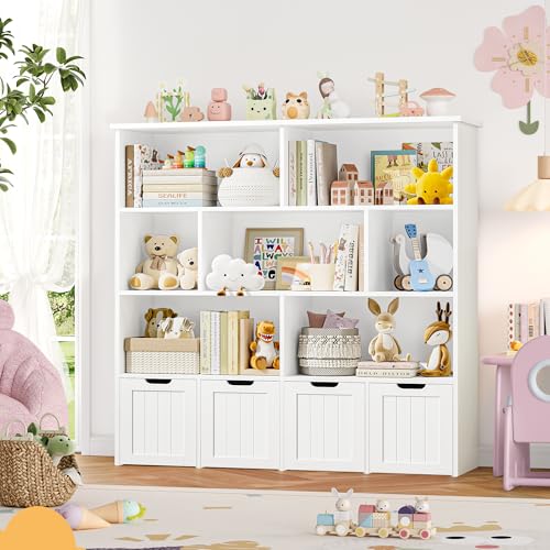 FINETONES Toy Storage Organizer, Kids Bookshelf with 4 Movable Chests and 7 Storage Cubes, Toy Chest Storage with Hidden Wheels, Toy Organizers and Toy Storage, White - Image 5
